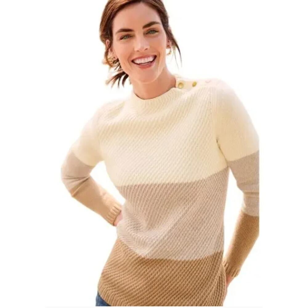 Talbots Petite Colorblock Mockneck Pullover Tan & Cream Size P EUC